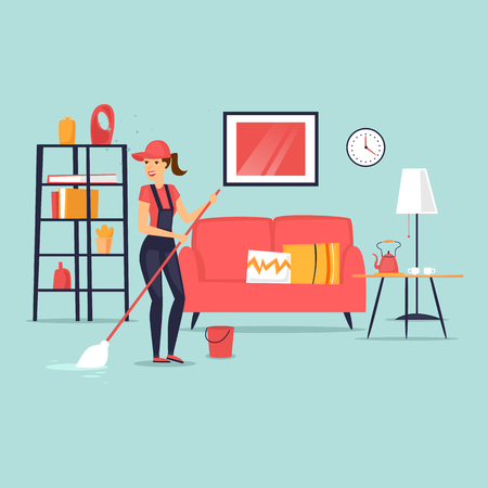 Cleaning of apartments. Woman Cleaner. Interior. Flat vector illustration in cartoon style.のイラスト素材