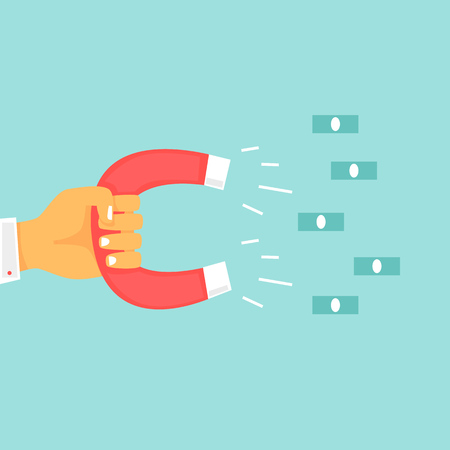 Hand holding magnet that attracts money. Flat design vector illustration.のイラスト素材