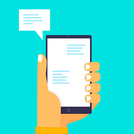Forum, the hand holds the phone with speech bubble. Flat design vector illustration.のイラスト素材
