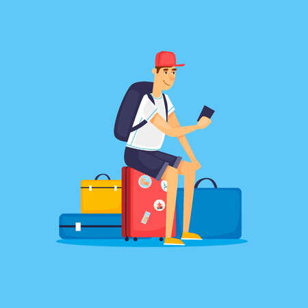 World Travel with man on smartphone with luggage.  Tourism and vacation theme. Flat design vector illustration.のイラスト素材