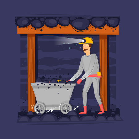 Miner in the mine pushes the trolley. Mining. Flat design vector illustration.のイラスト素材