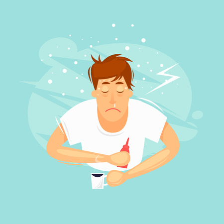 Sick man, cold, runny nose, fever, fever. Flat design vector illustration.のイラスト素材