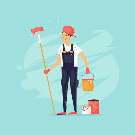 Painter holds a roller and can of paint. Flat design vector illustration.のイラスト素材