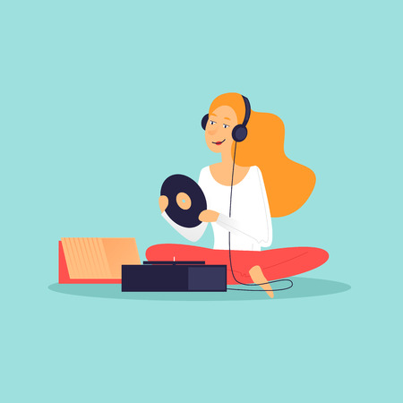 Woman sitting listening to music on headphones, vinyl records. Flat design vector illustration.のイラスト素材