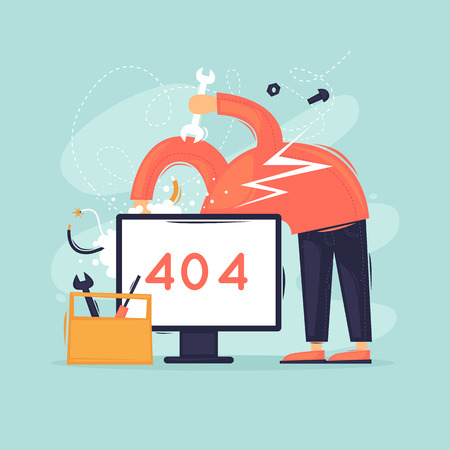 Search page. Error. 404. Man repairing computer. Flat design vector illustrationのイラスト素材