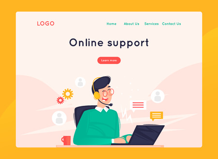 Site template, Online support, 24 hours, man answers questions. Web page design. Website and mobile development. Flat vector illustration in cartoon style.