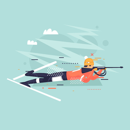 Biathlon, athlete shoots, winter, sport. Flat vector illustration in cartoon style.のイラスト素材