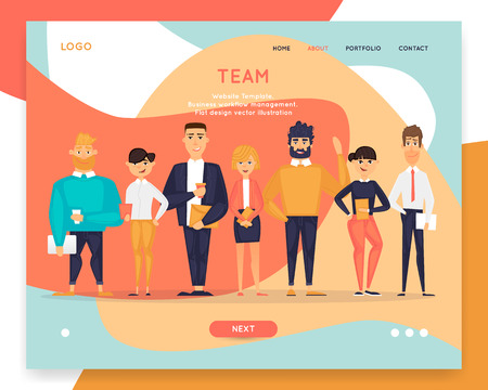 Business characters, team, about us. Site template. Web page design. Website and mobile development. Flat design vector illustrationのイラスト素材
