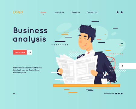 Landing page. Website Template. Teamwork. Business workflow management. Office life, business, programmer. Data analysis. Brainstorming, meeting. Flat design vector illustrationのイラスト素材