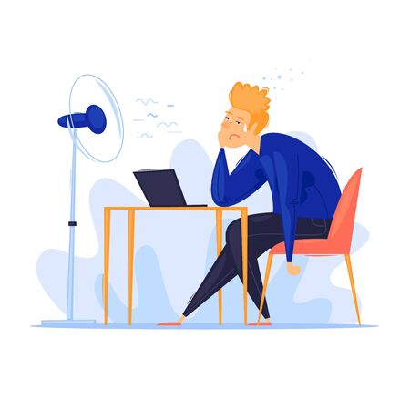 Heat in the office, summer, man sitting at the table sweaty. Flat design vector illustration.のイラスト素材
