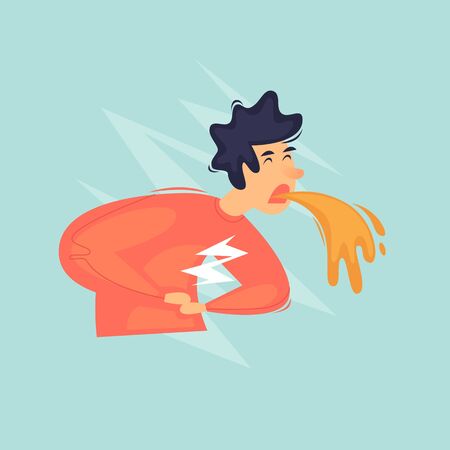 Vomiting, the man feels sick. Poisoning, health. Flat design vector illustrationのイラスト素材