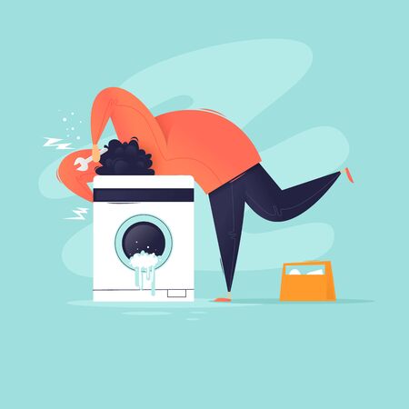 Washing machine broke. Master fixes. Flat design vector illustration.のイラスト素材