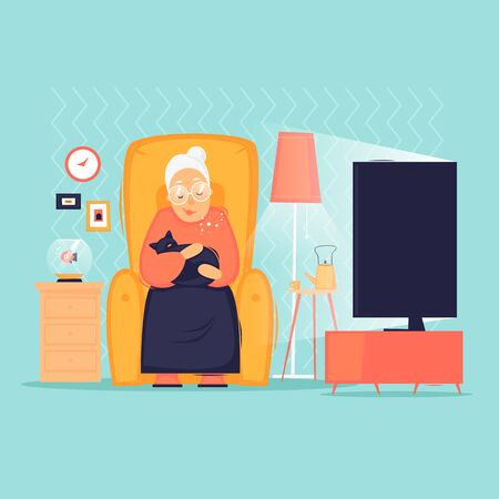 Grandmother sits watching TV, weekend, watching TV shows.のイラスト素材