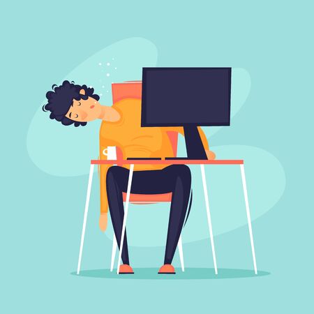 Fatigue, office worker fell asleep at the computer, a lot of work, stress.のイラスト素材