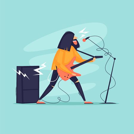Rock music, the musician plays the guitar and sings, a concert. Flat design vector illustration.のイラスト素材