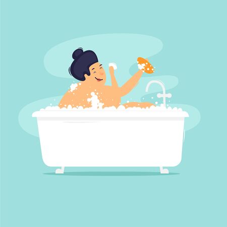 Woman takes a bath. Flat design vector illustration.のイラスト素材