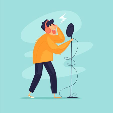 Recording a song in the studio. Flat design vector illustration.のイラスト素材