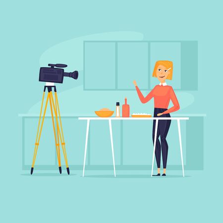 Woman blogger makes video about cooking. Flat design vector illustration.のイラスト素材