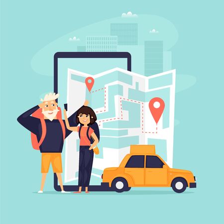 Couple Call Taxi Traveling. Flat design vector illustration.のイラスト素材