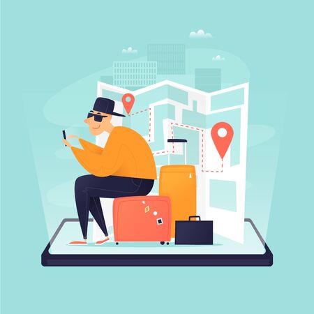 Man Calls a Taxi, Travel. Flat design vector illustration.のイラスト素材