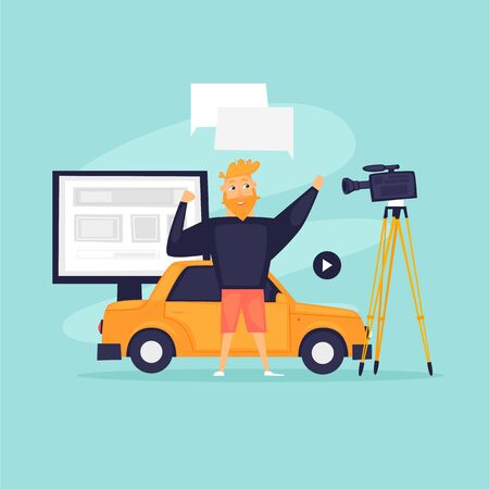 Blogger makes a video review of the car. Flat design vector illustration.のイラスト素材