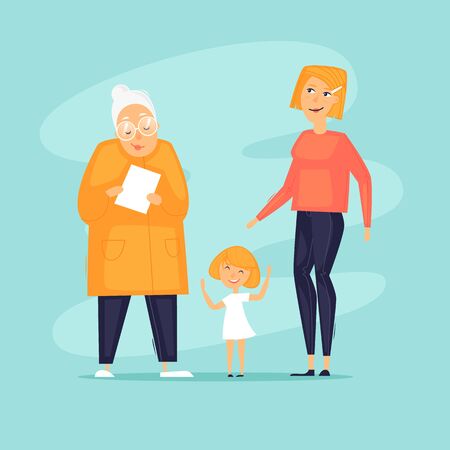 Generations, grandparents, sons, daughters, grandchildren. Flat design vector illustration.のイラスト素材