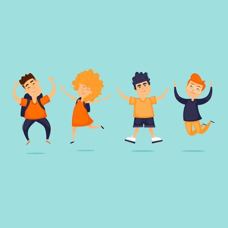 Happy kids jumping for joy. Flat design vector illustration.のイラスト素材