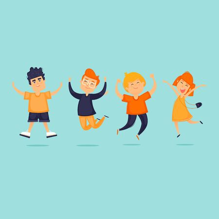 Happy kids jumping for joy. Flat design vector illustration.のイラスト素材