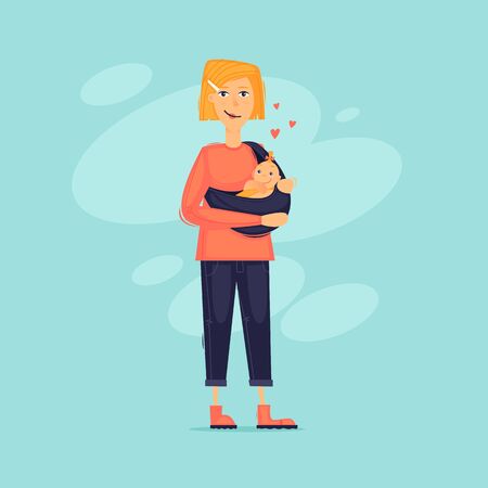Woman with a baby in a sling, mom. Flat design vector illustration.のイラスト素材