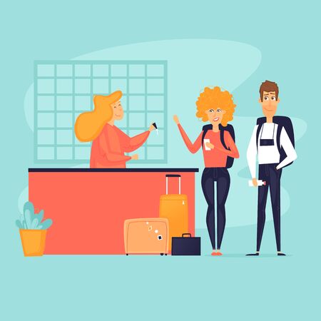 Traveling, couple checking into a hotel. Reception desk. Flat design vector illustration.のイラスト素材