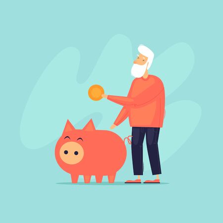 Pensioner puts money in a piggy bank. Flat design vector illustration.のイラスト素材