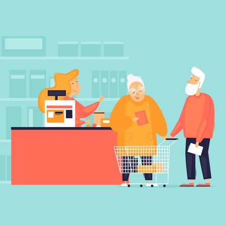Pensioners buy products in the store. Cashier at the checkout. Flat design vector illustration.のイラスト素材