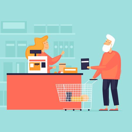 Pensioner in the store. Cashier at the checkout. Flat design vector illustration.のイラスト素材