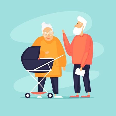 Grandfather and grandmother with grandchildren. Generation. Flat design vector illustration.のイラスト素材