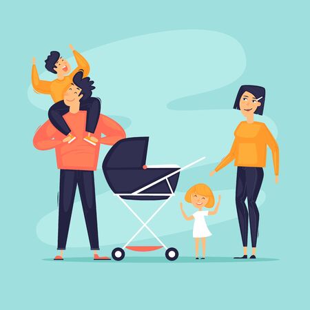 Large family. Parents with children. Flat design vector illustration.のイラスト素材