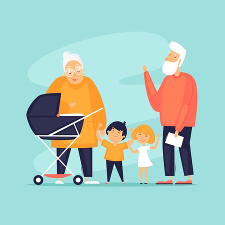 Grandfather and grandmother with grandchildren. Generation. Flat design vector illustration.のイラスト素材