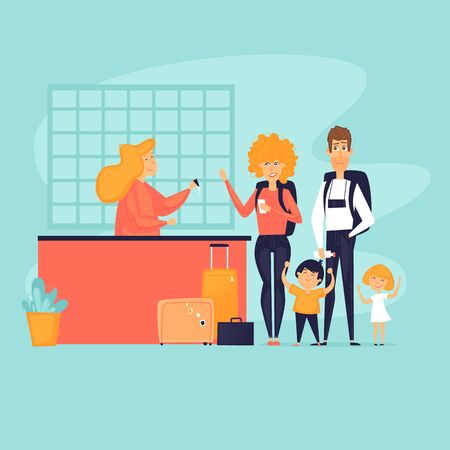 Traveling with children, check-in at the hotel, reception. Flat design vector illustration.のイラスト素材
