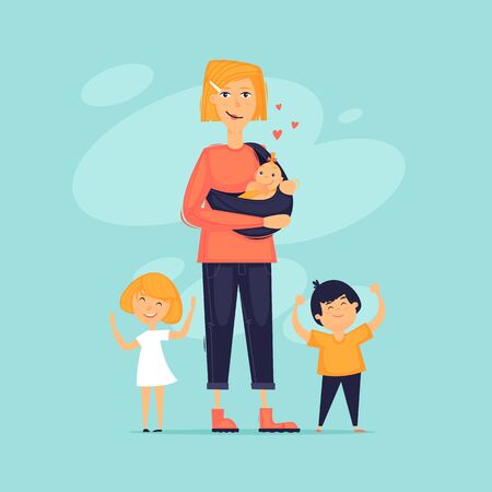 Mother of many children. Flat design vector illustration.のイラスト素材
