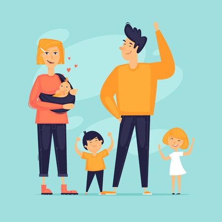 Large family, parents with children. Flat design vector illustration.のイラスト素材