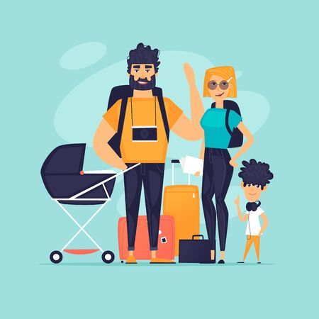 Traveling with children. Family vacation. Flat design vector illustration.のイラスト素材