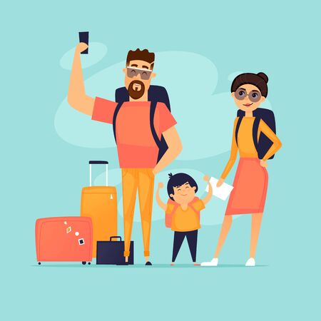 Traveling with children. Family vacation. Flat design vector illustration.