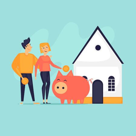 Man and woman hoarding for housing. Flat design vector illustration.のイラスト素材