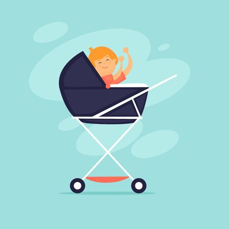 Baby sitting in a stroller. Flat design vector illustration.