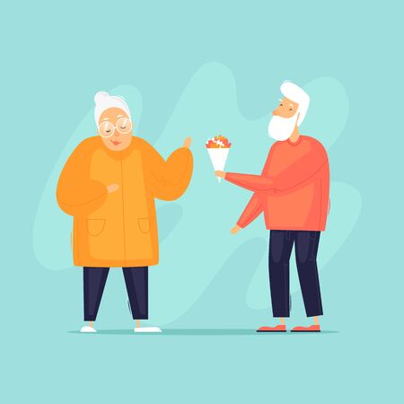 Mother's Day, Women's Day. A man gives a bouquet to a woman, grandfather and grandmother. Flat design vector illustration.のイラスト素材