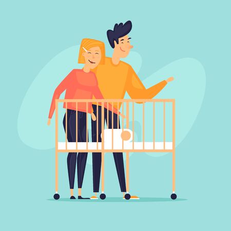 Dad and mom are standing near the crib with a baby. A family. Flat design vector illustration.のイラスト素材