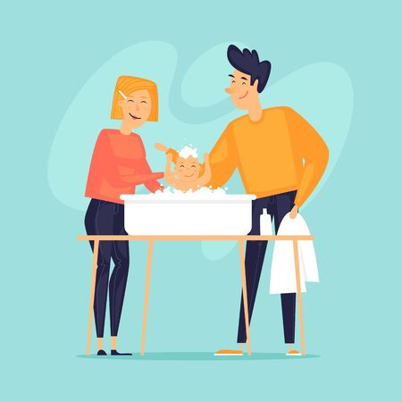 Husband and wife bathe a child, hygiene. Flat design vector illustration.のイラスト素材