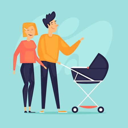Couple walks with a stroller. A family. Birth of a child. Flat design vector illustration.のイラスト素材
