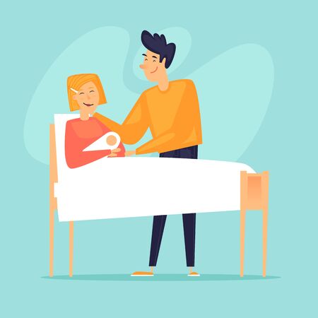 Man visits his wife in the hospital. Baby Birth of a child. Flat design vector illustration.のイラスト素材