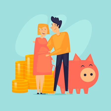 Family budget. The couple is expecting a baby. Flat design vector illustration.のイラスト素材
