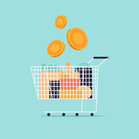Cart with groceries and money, shop. Shopping. Flat design vector illustration.のイラスト素材